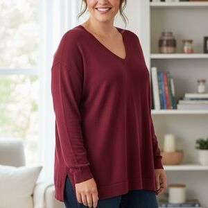 Lands' End Burgundy V-Neck‎ long sleeve Sweater cotton size 1x Like New